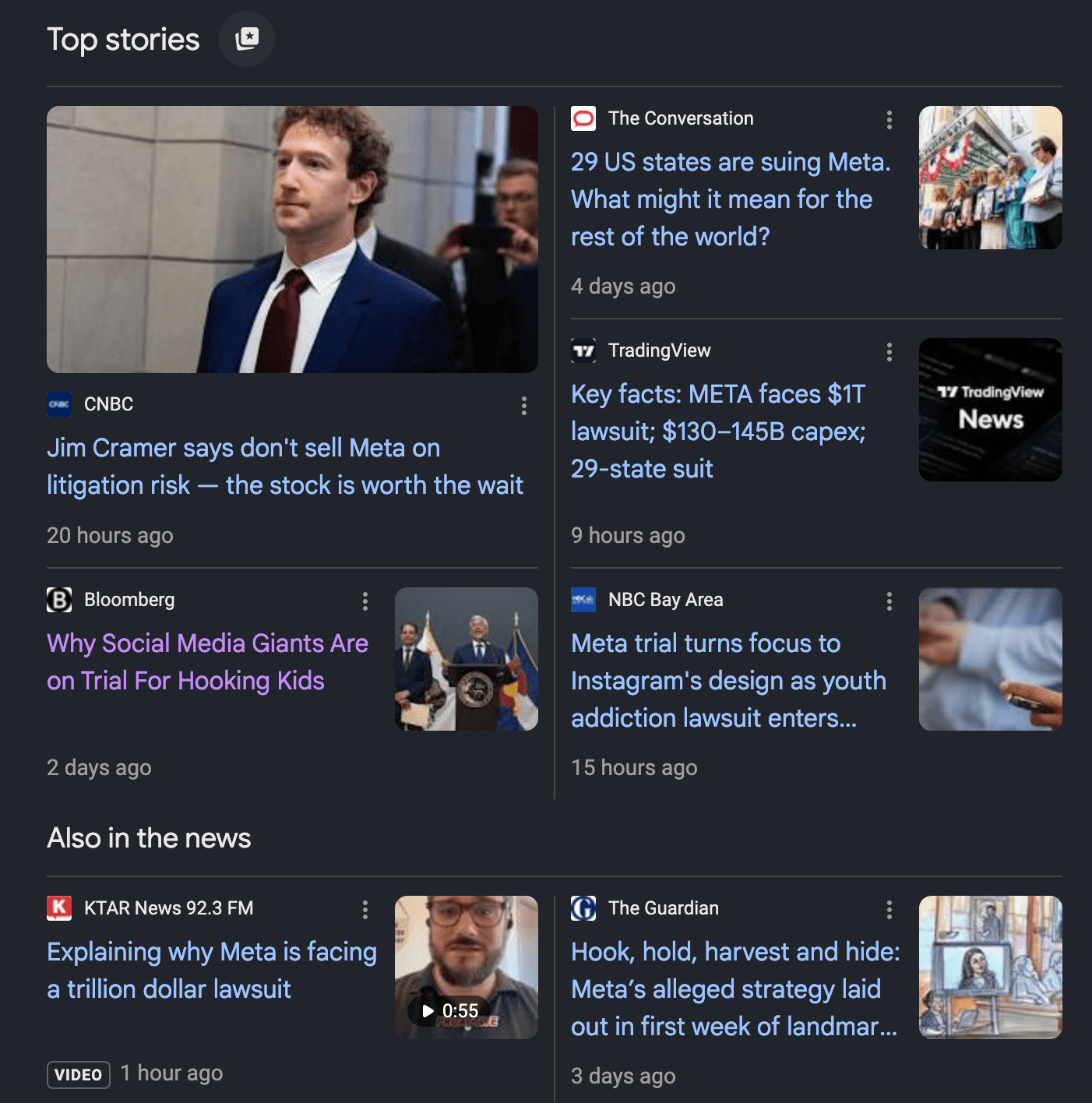 News headlines about the Meta trial: 29 US states are suing Meta; social media giants on trial for hooking kids; Meta faces a trillion-dollar lawsuit