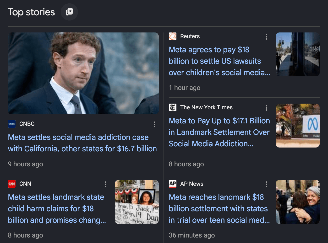 Top stories: Meta settles social media addiction case with California and other states for $16.7 billion (CNBC); Meta agrees to pay $18 billion to settle US lawsuits over children's social media (Reuters); Meta to pay up to $17.1 billion in landmark settlement over social media addiction (New York Times); Meta settles landmark state child harm claims (CNN); Meta reaches landmark $18 billion settlement with states (AP)